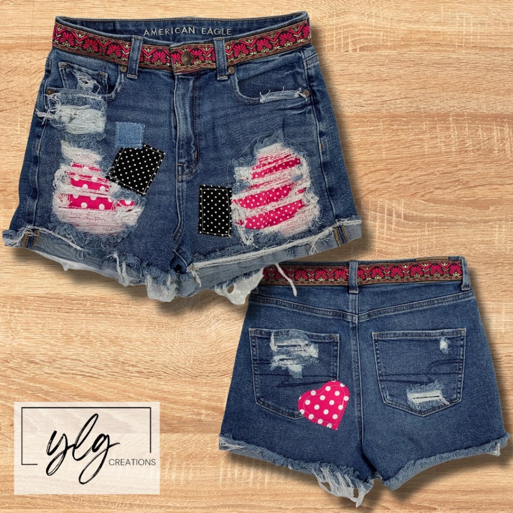 American Eagle Cut Off Denim Shorts Patchwork Boho Pink Black Polka Dot Ripped 4